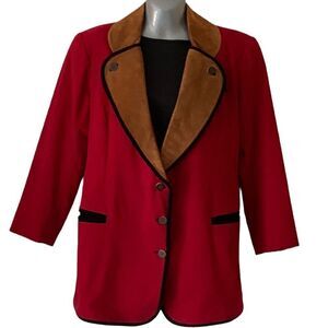 Women's Red Blazer with Brown Velvet Shawl Collar